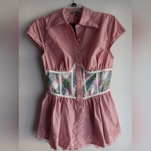 ❤️SHEIN Pink Button-Up Blouse with Floral Waist NWT